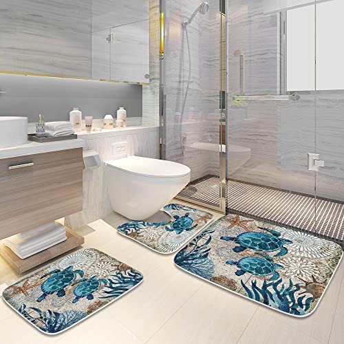 Final Friday Nautical Sea Turtles Blue Ocean Beach Bathroom Rugs and Mats Sets 3 Piece, Memory Foam Bath Mat, U-Shaped Contour Shower Mat Non Slip Absorbent, Velvet Washable 20 x 31 inch