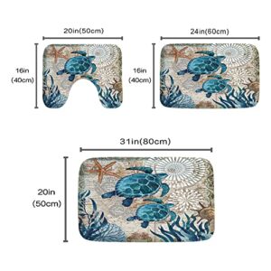 Final Friday Nautical Sea Turtles Blue Ocean Beach Bathroom Rugs and Mats Sets 3 Piece, Memory Foam Bath Mat, U-Shaped Contour Shower Mat Non Slip Absorbent, Velvet Washable 20 x 31 inch