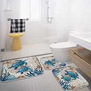 Final Friday Nautical Sea Turtles Blue Ocean Beach Bathroom Rugs and Mats Sets 3 Piece, Memory Foam Bath Mat, U-Shaped Contour Shower Mat Non Slip Absorbent, Velvet Washable 20 x 31 inch