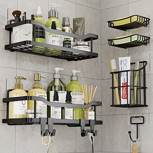 OMAIRA Shower Organizer [6 Pack], Shower Caddy No Drilling, Large Capacity Stainless Steel Bathroom Organizer, Shower Shelves for Inside Shower & Kitchen Storage (Black)