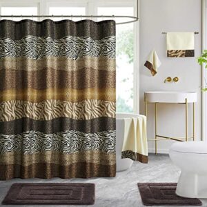 wpm bathroom rugs and shower curtain set. animal leopard print luxury absorbent bath rug contour mat, non slip plush carpet for floor. fabric shower curtain, hooks and towel set (animal coffee)