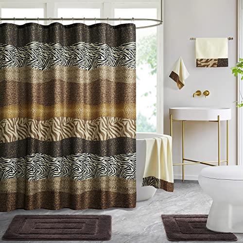 WPM Bathroom Rugs and Shower Curtain Set. Animal Leopard Print Luxury Absorbent Bath Rug Contour mat, Non Slip Plush Carpet for Floor. Fabric Shower Curtain, Hooks and Towel Set (Animal Coffee)