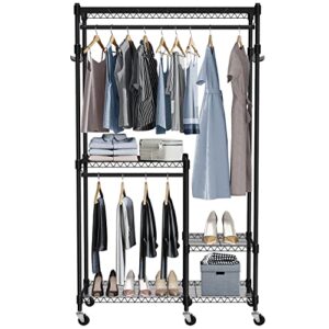 uyoyous 3 tier rolling clothing rack 73 x 40 inch wire heavy duty clothes rack with locked wheels and side hooks rolling garment rack closet organizer for bedroom