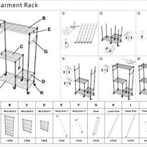 uyoyous 3 Tier Rolling Clothing Rack 73 X 40 Inch Wire Heavy Duty Clothes Rack with Locked Wheels and Side Hooks Rolling Garment Rack Closet Organizer for Bedroom