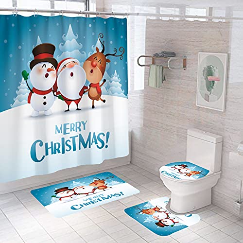 JOINSI 4 Pcs Christmas Snowman Shower Curtain Sets with Rugs, Toilet Lid Cover, Bath Mat, 12 Hooks for Xmas Holiday Decorations (71 Inch x 71 Inch) (Snowman)