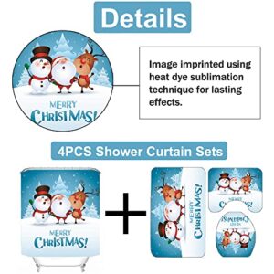 JOINSI 4 Pcs Christmas Snowman Shower Curtain Sets with Rugs, Toilet Lid Cover, Bath Mat, 12 Hooks for Xmas Holiday Decorations (71 Inch x 71 Inch) (Snowman)