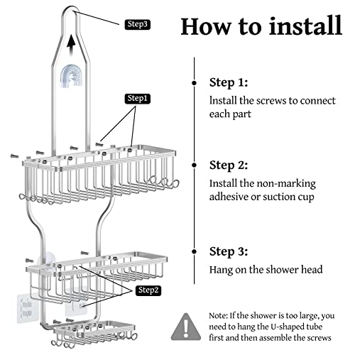 YASONIC Shower Caddy Over Shower Head Never Rust Aluminum Large Hanging Shower Caddy with 10 Hooks for Razor/Sponge - Over The Shower Head Caddy with Soap Basket - Hanging Shower Organizer Silver