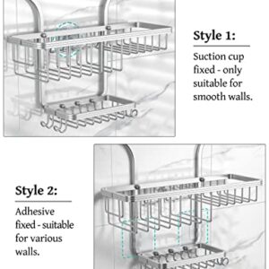 YASONIC Shower Caddy Over Shower Head Never Rust Aluminum Large Hanging Shower Caddy with 10 Hooks for Razor/Sponge - Over The Shower Head Caddy with Soap Basket - Hanging Shower Organizer Silver