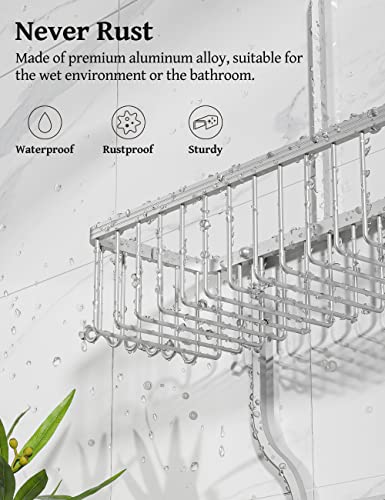 YASONIC Shower Caddy Over Shower Head Never Rust Aluminum Large Hanging Shower Caddy with 10 Hooks for Razor/Sponge - Over The Shower Head Caddy with Soap Basket - Hanging Shower Organizer Silver