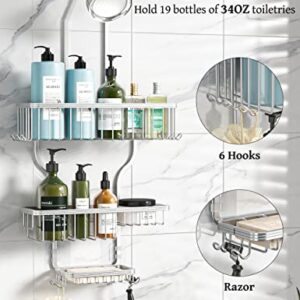 YASONIC Shower Caddy Over Shower Head Never Rust Aluminum Large Hanging Shower Caddy with 10 Hooks for Razor/Sponge - Over The Shower Head Caddy with Soap Basket - Hanging Shower Organizer Silver