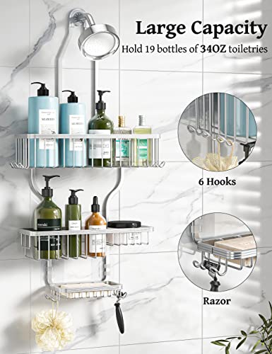 YASONIC Shower Caddy Over Shower Head Never Rust Aluminum Large Hanging Shower Caddy with 10 Hooks for Razor/Sponge - Over The Shower Head Caddy with Soap Basket - Hanging Shower Organizer Silver