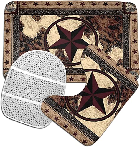 Giwawa Western Texas Star Bathroom Rugs Set 3 Piece with Non-Slip Bath Rugs Toilet Lid Cover U-Shaped Contour Toilet Mat Rustic Farmhouse Bath Mats for Bathroom