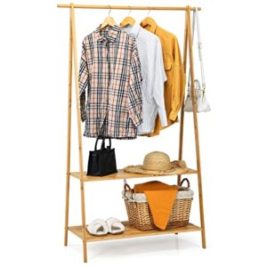 tangkula bamboo garment rack, freestanding clothes rack with 2-tier storage shelves, easy assemble, space-saving clothing rack for entryway, bedroom (natural)