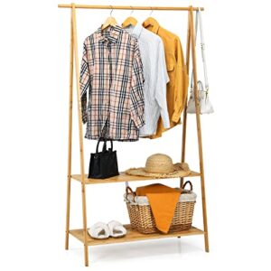 Tangkula Bamboo Garment Rack, Freestanding Clothes Rack with 2-Tier Storage Shelves, Easy Assemble, Space-Saving Clothing Rack for Entryway, Bedroom (Natural)