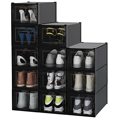 mupera Shoe Storage Boxes - 12 Pack Upgrade Black Stackable Plastic Shoe Organizer Bins(2023 New), Clear Drop Front Sneaker Boxes Containers for Closet, Fit up to Size 12