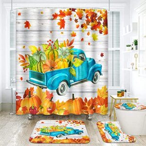 tayney truck with harvest pumpkin shower curtain sets with toilet lid cover and non-slip rugs, watercolor autumn maple leaves 4 pcs shower curtains for bathroom, vintage fall farmhouse bathroom decor