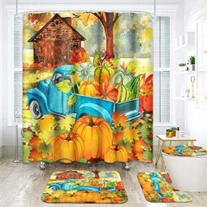 watercolor autumn landscape bathroom sets with shower curtain and rugs and accessories, truck with harvest pumpkin shower curtain sets, vintage fall shower curtains for the bathroom decor 4 pcs