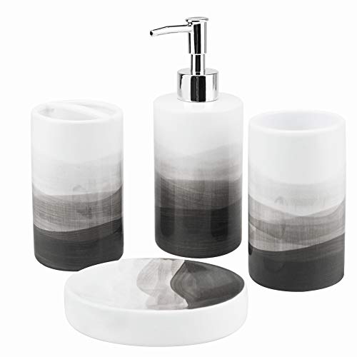 Wodlo- 4 Piece Painted Ceramic Bathroom Accessory Set, Includes Soap Dispenser Pump, Toothbrush Holder, Tumbler, Soap Dish Sanitary, Ideas Home Gift for Ware Home Decor Bath(Gray)
