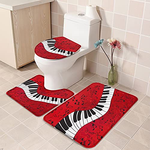 3 Piece Bathroom Rugs Sets Piano Key Music Notes Art Non-Slip Toilet Lid Cover for Bathroom Red White Absorbent Contour Mat with Rubber Backing Floor Mats for Shower Large