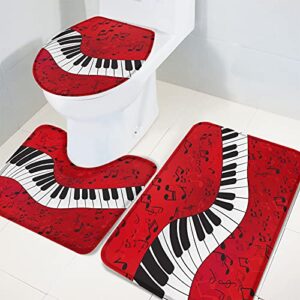 3 Piece Bathroom Rugs Sets Piano Key Music Notes Art Non-Slip Toilet Lid Cover for Bathroom Red White Absorbent Contour Mat with Rubber Backing Floor Mats for Shower Large
