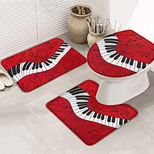 3 Piece Bathroom Rugs Sets Piano Key Music Notes Art Non-Slip Toilet Lid Cover for Bathroom Red White Absorbent Contour Mat with Rubber Backing Floor Mats for Shower Large