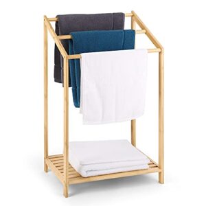 hynawin bamboo 3 tier towel rack for bathroom, free standing beach towel with storage shelf, poolside rack with bottom organizer for bath, hand towel, laundry
