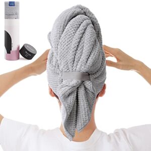 BYCOO Large Microfiber Hair Towel Wrap for Women, Anti Frizz Hair Drying Towel with Elastic Strap, Fast Dry | Super Absorbent | Quick Dry Hair Turban for Wet, Curly, Long & Thick Hair -Gray