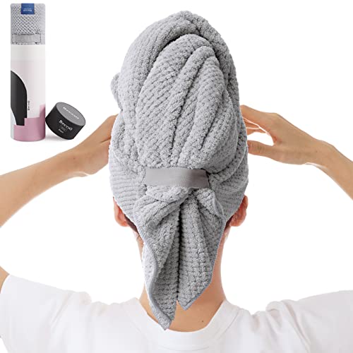 BYCOO Large Microfiber Hair Towel Wrap for Women, Anti Frizz Hair Drying Towel with Elastic Strap, Fast Dry | Super Absorbent | Quick Dry Hair Turban for Wet, Curly, Long & Thick Hair -Gray