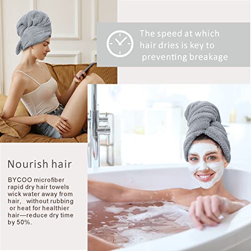 BYCOO Large Microfiber Hair Towel Wrap for Women, Anti Frizz Hair Drying Towel with Elastic Strap, Fast Dry | Super Absorbent | Quick Dry Hair Turban for Wet, Curly, Long & Thick Hair -Gray