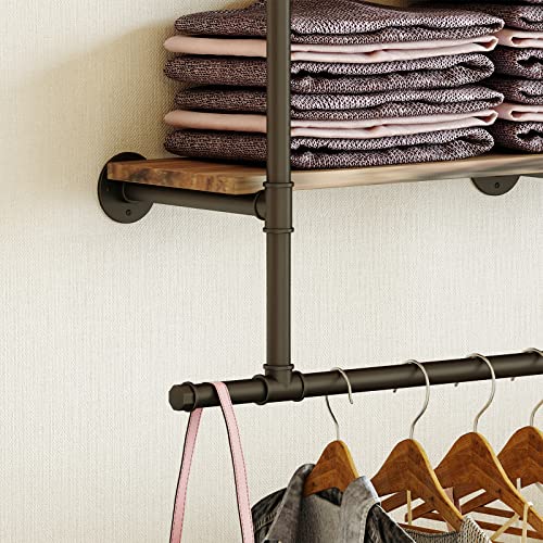 MAIKAILUN Wall Mounted Clothes Rack with Shelf, 52" Long Industrial Pipe Clothing Rack with 2 Tier MDF Shelves Heavy Duty Iron Garment Rack Bar,Retail Display Clothes Rod for Clothes,Laundry Room