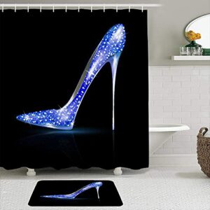 2pcs shower curtain set with non-slip rug bath mat,girly high heel blue diamond studded shoe on black beauty woman waterproof bath curtains with 12 hooks bathroom decoration for home hotel