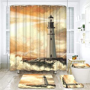simiwow lighthouse shower curtain set with rugs,nautical ocean lighthouse rugs bathroom decor sets