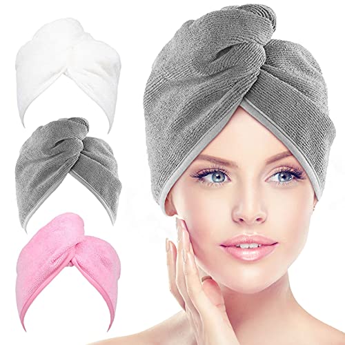 AIDEA Microfiber Hair Towel Wrap for Women, 3 Pack 10 inch X 26 inch, Super Absorbent Quick Dry Hair Turban (Gray+Pink+White)