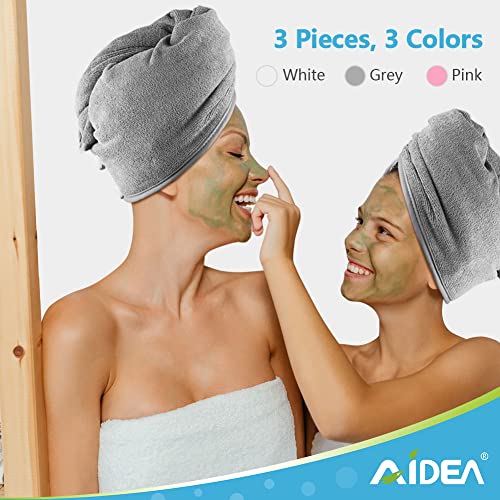 AIDEA Microfiber Hair Towel Wrap for Women, 3 Pack 10 inch X 26 inch, Super Absorbent Quick Dry Hair Turban (Gray+Pink+White)