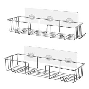 amazerbath adhesive shower caddy basket rack with hooks, shower shelf wall mounted, no drilling shower organizer for bathroom, rustproof stainless steel, 2 pack, chrome