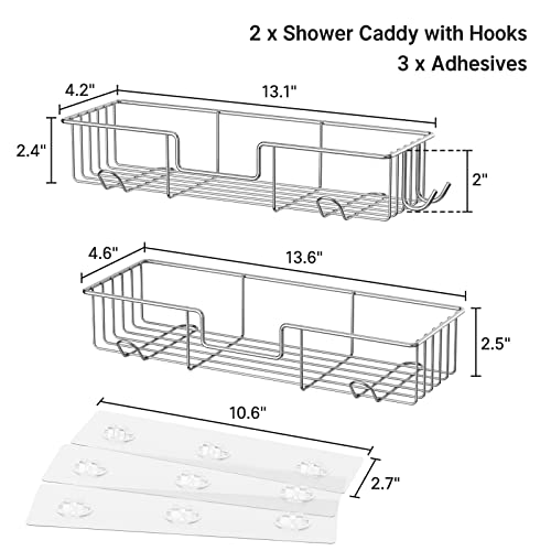 AmazerBath Adhesive Shower Caddy Basket Rack with Hooks, Shower Shelf Wall Mounted, No Drilling Shower Organizer for Bathroom, Rustproof Stainless Steel, 2 Pack, Chrome