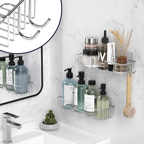 AmazerBath Adhesive Shower Caddy Basket Rack with Hooks, Shower Shelf Wall Mounted, No Drilling Shower Organizer for Bathroom, Rustproof Stainless Steel, 2 Pack, Chrome