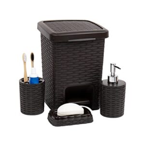 mind reader basket collection, 4 piece bathroom set includes: square wastepaper pedal basket, toothbrush holder, liquid soap dispenser and soap dish, wicker style, bathroom, 4 piece set, brown