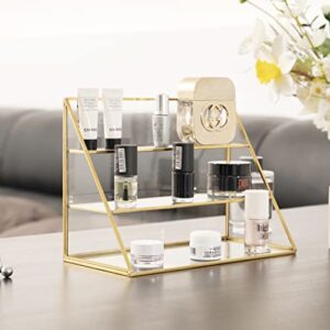 fsyueyun gold makeup organizer case vanity, 3 layers glass makeup storage cosmetics organizer jewelry box earring ring holder display case