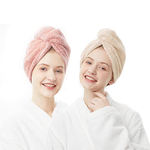 ELLEWIN Hair Towel Wrap 2 Pack, Microfiber Hair Drying Shower Turban with Buttons, Super Absorbent Quick Dry Hair Towels for Curly Long Thick Hair, Rapid Dry Head Towel Wrap for Women Anti Frizz