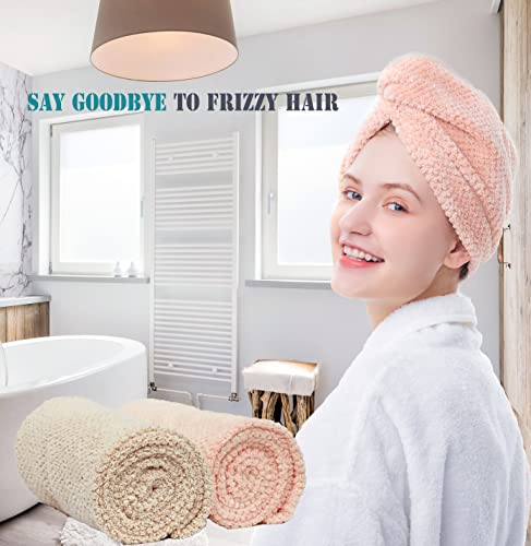 ELLEWIN Hair Towel Wrap 2 Pack, Microfiber Hair Drying Shower Turban with Buttons, Super Absorbent Quick Dry Hair Towels for Curly Long Thick Hair, Rapid Dry Head Towel Wrap for Women Anti Frizz