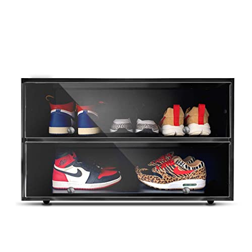 Sneaker Throne Shoe Rack with Lights for Up To 6 Pairs of Shoes, Black - Sleek Wood Shoe Shelf with Sliding Doors For Bedrooms, Outdoors, Garages - Premium Shoe Organizers and Storage for Closets