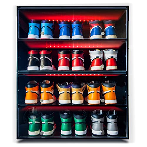 Sneaker Throne Shoe Rack with Lights for Up To 6 Pairs of Shoes, Black - Sleek Wood Shoe Shelf with Sliding Doors For Bedrooms, Outdoors, Garages - Premium Shoe Organizers and Storage for Closets