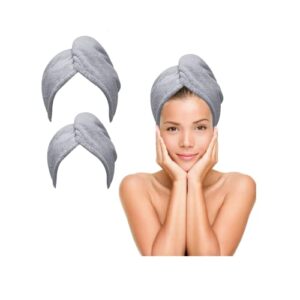 microfiber hair towel wrap (pack of 2)–super absorbent, anti frizz fast drying hair turban for curly long thick hair –women’s quick dry bath & head cap with button –10”x26”- hair plopping towel gray