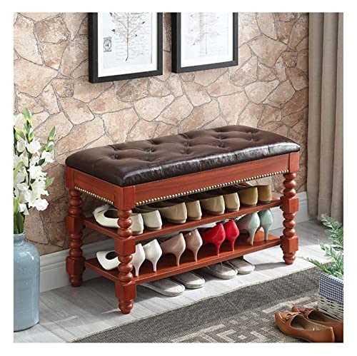 ALDEPO Shoe Cabinet 2/3 Layer Shoe Stool Shoe Bench in Entrance Hallway Shoe Rack Solid Wood Storage Cabinet with PU Seat Cushion Living Room Hotel Bedroom Wardrobe Retro Style Ea