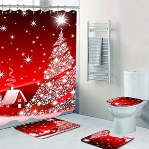 jlong merry christmas shower curtain sets for bathroom, 4pcs xmas elk snowman bell shower curtain non-slip bathroom rugs lid toilet cover bath mat and 12 hooks, durable waterproof bathroom set decor