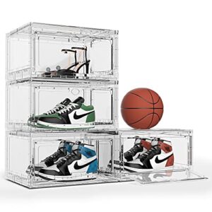 jonzin free-installation shoe storage box 4 pack - large capacity clear plastic stackable shoe organizer for closet, up to fit mens size 14,multifunction storage containers for living room entryway under bed