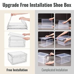 JONZIN Free-Installation Shoe Storage Box 4 Pack - Large Capacity Clear Plastic Stackable Shoe Organizer for Closet, Up to Fit Mens Size 14,Multifunction Storage Containers for Living Room Entryway Under Bed