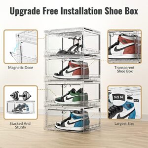 JONZIN Free-Installation Shoe Storage Box 4 Pack - Large Capacity Clear Plastic Stackable Shoe Organizer for Closet, Up to Fit Mens Size 14,Multifunction Storage Containers for Living Room Entryway Under Bed