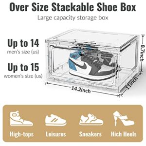 JONZIN Free-Installation Shoe Storage Box 4 Pack - Large Capacity Clear Plastic Stackable Shoe Organizer for Closet, Up to Fit Mens Size 14,Multifunction Storage Containers for Living Room Entryway Under Bed